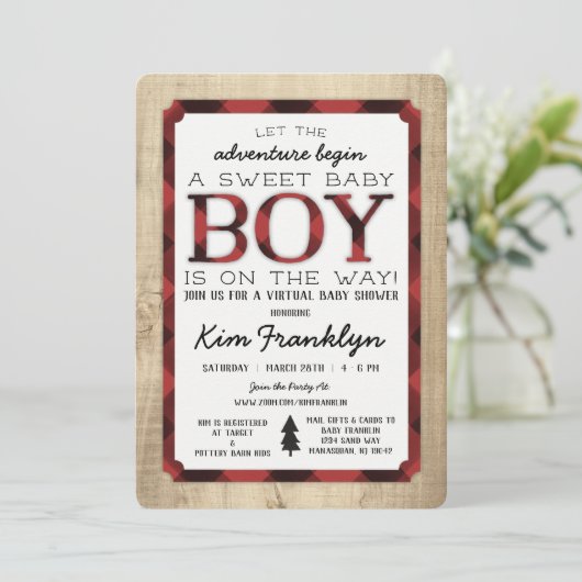 Virtual Lumberjack Flannel Boy Baby shower nodigt  Aankondiging (Staand voorkant)