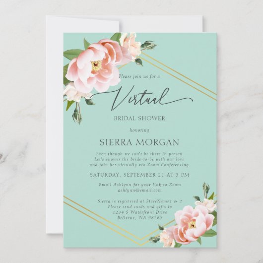 Virtual Mint Groen Blush Bloemen Goud Vrijgezellen Kaart (Voorkant)
