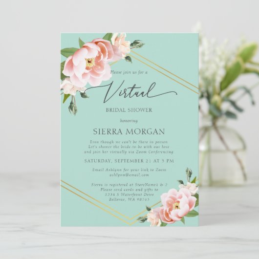 Virtual Mint Groen Blush Bloemen Goud Vrijgezellen Kaart (Staand voorkant)