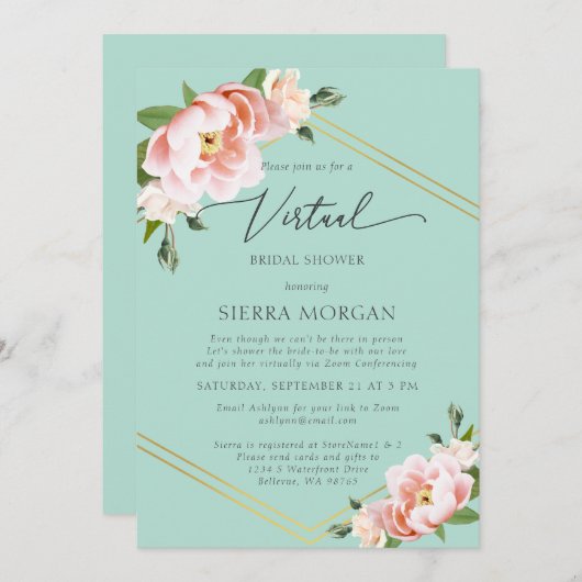 Virtual Mint Groen Blush Bloemen Goud Vrijgezellen Kaart (Voorkant / Achterkant)
