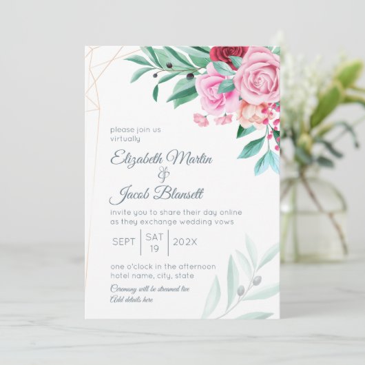 Virtual Modern Floral Wedding Rozen & Eucalyptus Kaart (Staand voorkant)