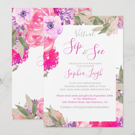 Virtual Nursery Sip en zie Baby Floral Rozen Roze Kaart (Voorkant / Achterkant)