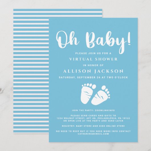Virtual Oh Baby Boy Douche Baby Voeten Blauw Wit Kaart (Voorkant / Achterkant)