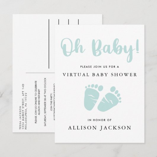 Virtual Oh Baby Mint Green Baby Feet Baby shower Uitnodiging Briefkaart (Voorkant / Achterkant)