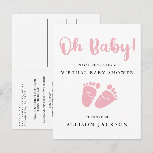 Virtual Oh Baby Roze Baby Feet Girl Baby shower Uitnodiging Briefkaart (Voorkant / Achterkant)