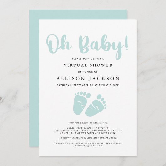 Virtual Oh Baby shower Light Mint Green Baby Feet Kaart (Voorkant / Achterkant)