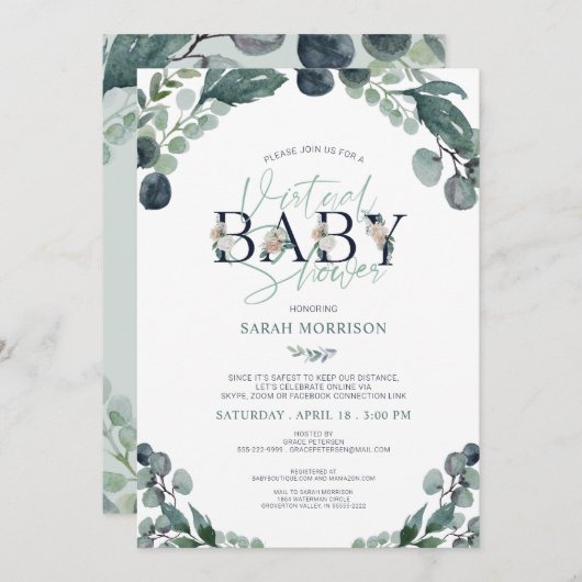 Virtual Online Baby shower Navy Blue Sage groen Kaart (Voorkant / Achterkant)