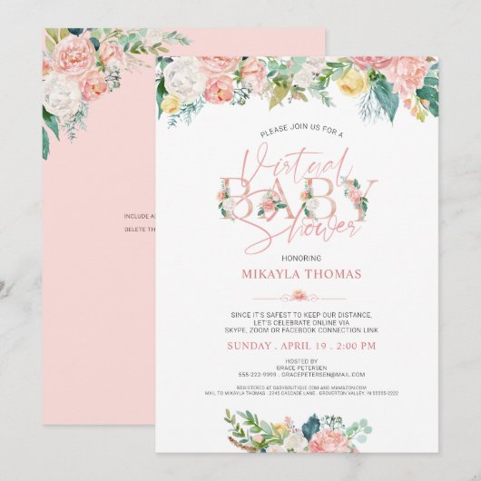 Virtual Online Baby shower Roos Goud Roze Bloemen Kaart (Voorkant / Achterkant)
