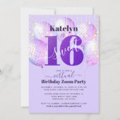Virtual Paarse Glitter Sweet 16 Verjaardagsballonn Kaart (Voorkant)