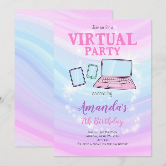 Virtual Party Invite, Quarantine Birthday Invite Kaart (Voorkant / Achterkant)