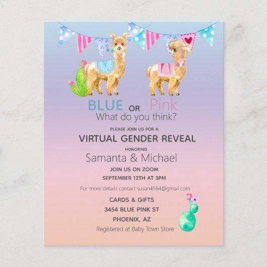 Virtual Pink Blue Llama Waterverf Gender onthullin Flyer (Voorkant)