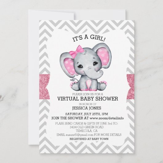 Virtual Pink Elephant Chevron Glitter Baby shower Kaart (Voorkant)