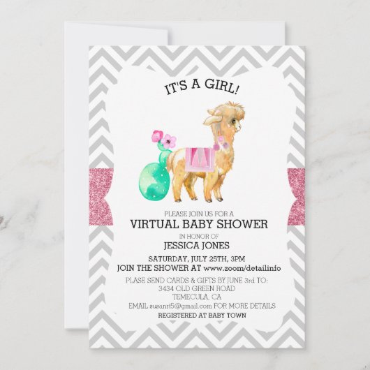 Virtual Pink Llama Chevron Glitter Baby shower Kaart (Voorkant)