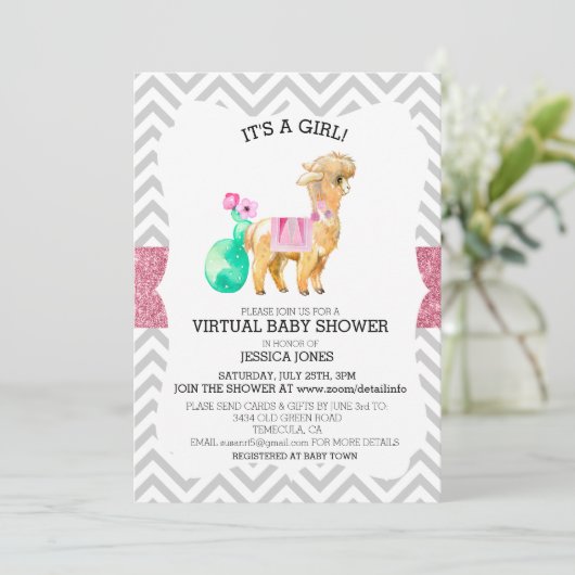 Virtual Pink Llama Chevron Glitter Baby shower Kaart (Staand voorkant)