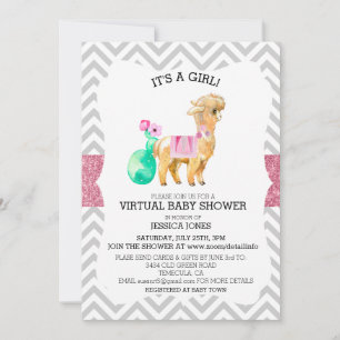 Virtual Pink Llama Chevron Glitter Baby shower Kaart