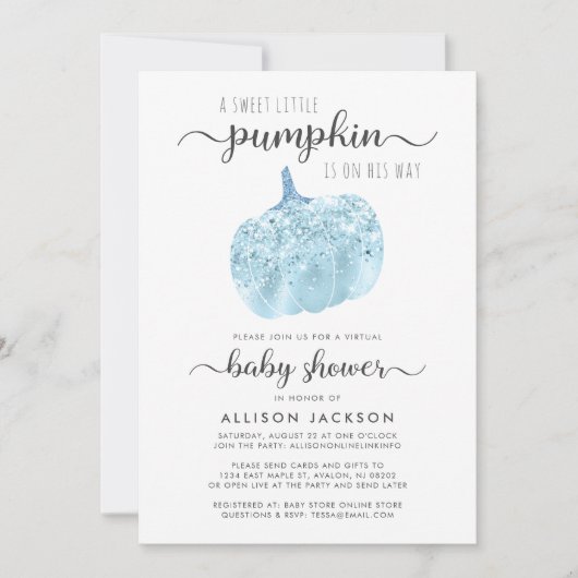 Virtual Pumpkin Blue Glitter Sparkle Baby shower Kaart (Voorkant)