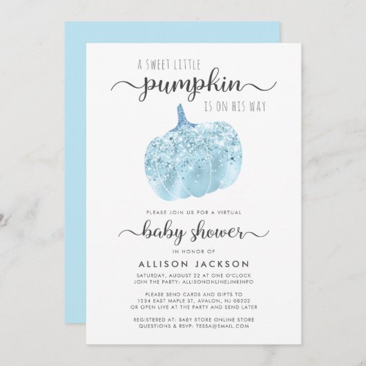 Virtual Pumpkin Blue Glitter Sparkle Baby shower Kaart (Voorkant / Achterkant)
