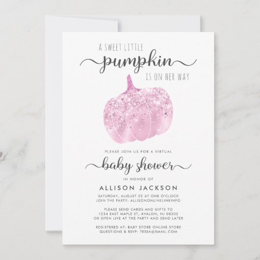 Virtual Pumpkin Pink Glitter Sparkle Baby shower Kaart (Voorkant)