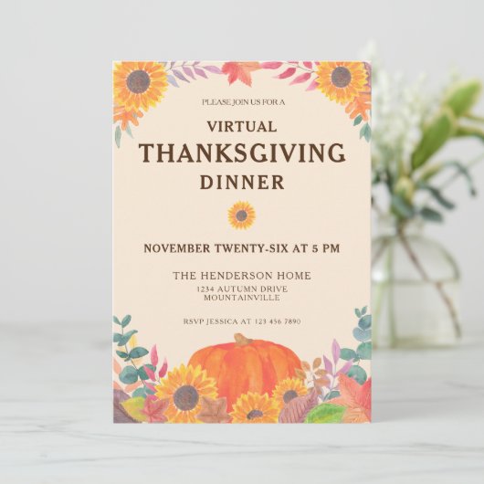 Virtual Pumpkin Sunflower Thanksgiving Dinner Kaart (Staand voorkant)