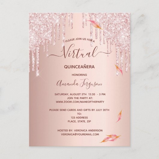 Virtual Quinceanera roos Gold-uitnodiging Briefkaart (Voorkant)