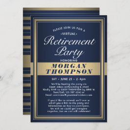 Virtual Retirement Party Navy Blauw Wit en Goud Kaart