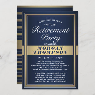 Virtual Retirement Party Navy Blauw Wit en Goud Kaart