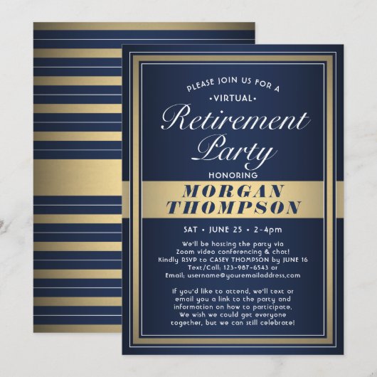 Virtual Retirement Party Navy Blauw Wit en Goud Kaart (Voorkant / Achterkant)