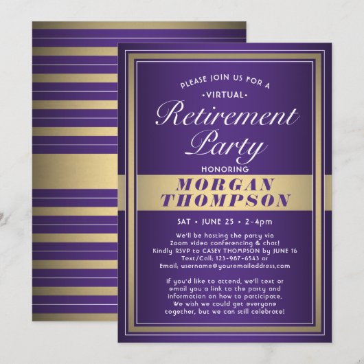 Virtual Retirement Party Paarse Wit en Goud Kaart (Voorkant / Achterkant)