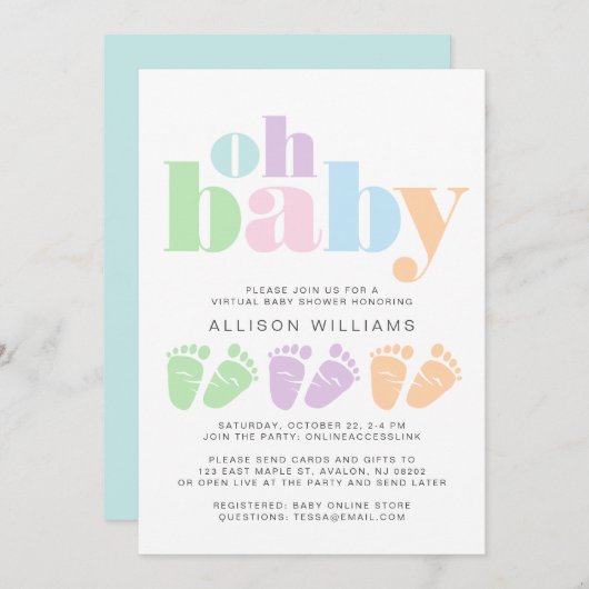 Virtual Shower Baby Feet Pastel Moderne Typografie Kaart (Voorkant / Achterkant)