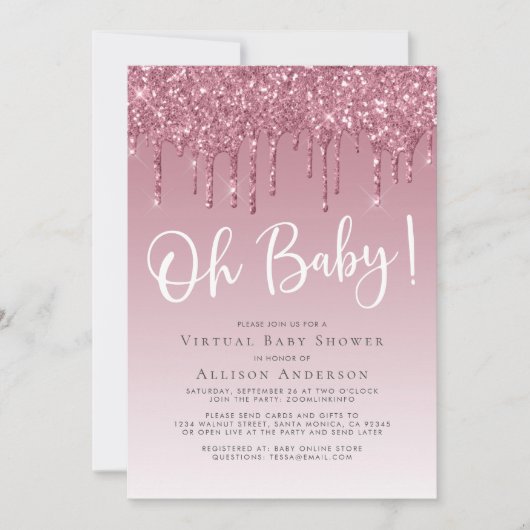 Virtual Shower Glitter Oh Baby Girl Roze Kaart (Voorkant)