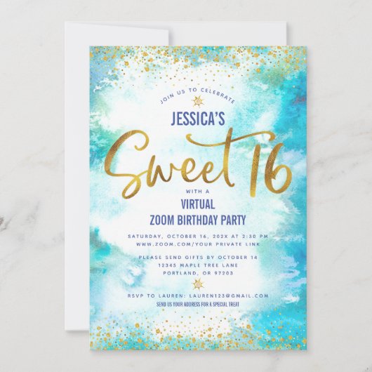 Virtual Sweet 16 Blue Waterverf Gold Birthday Kaart (Voorkant)