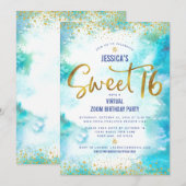 Virtual Sweet 16 Blue Waterverf Gold Birthday Kaart (Voorkant / Achterkant)