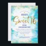 Virtual Sweet 16 Blue Waterverf Gold Birthday Kaart<br><div class="desc">Hier is een geweldige manier om je dochter nog steeds in staat te stellen haar mijlpaalverjaardag te vieren met al haar vrienden. Verstuur deze verbluffende, moderne, gepersonaliseerde virtuele online partijuitnodiging voor een evenement om het te herinneren. De folie van de goudfaux van de sparkly en de zeer kleine confetti glitter...</div>