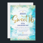 Virtual Sweet 16 Blue Waterverf Gold Birthday Kaart<br><div class="desc">Hier is een geweldige manier om je dochter nog steeds in staat te stellen haar mijlpaalverjaardag te vieren met al haar vrienden. Verstuur deze verbluffende, moderne, gepersonaliseerde virtuele online partijuitnodiging voor een evenement om het te herinneren. De folie van de goudfaux van de sparkly en de zeer kleine confetti glitter...</div>