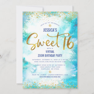 Virtual Sweet 16 Blue Waterverf Gold Birthday Kaart
