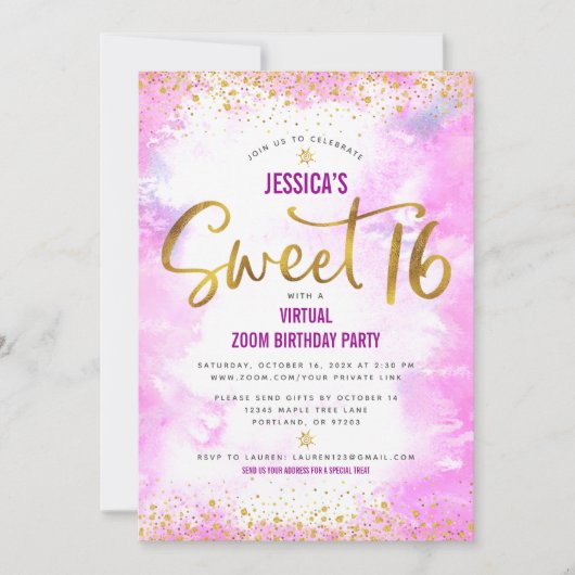 Virtual Sweet 16 Pink Waterverf Gold Birthday Kaart (Voorkant)