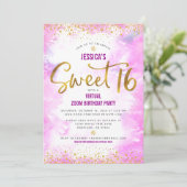 Virtual Sweet 16 Pink Waterverf Gold Birthday Kaart (Staand voorkant)