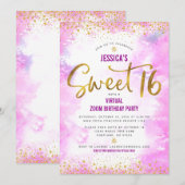 Virtual Sweet 16 Pink Waterverf Gold Birthday Kaart (Voorkant / Achterkant)