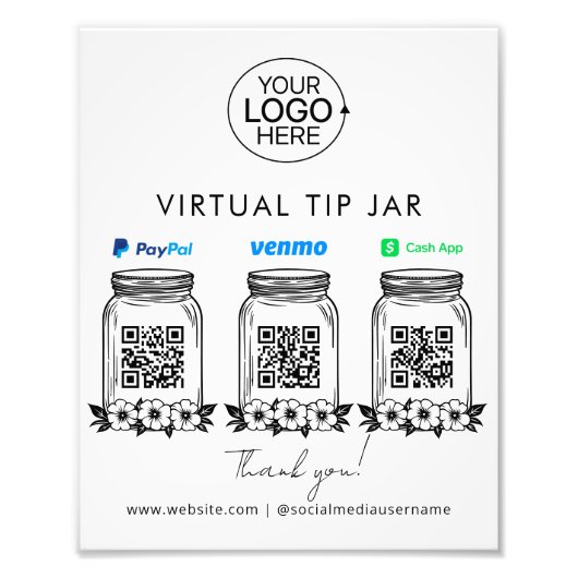 Virtual Tip Jar Logo PayPal Venmo Cash App QR-code Foto Afdruk (Voorkant)