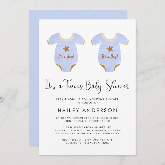 Virtual Twin Boys Waterverf Baby shower Kaart (Voorkant / Achterkant)