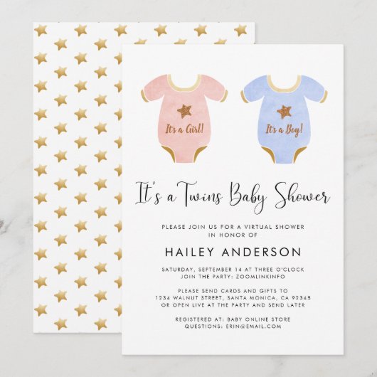 Virtual Twin Girl Boy Waterverf Baby shower Kaart (Voorkant / Achterkant)