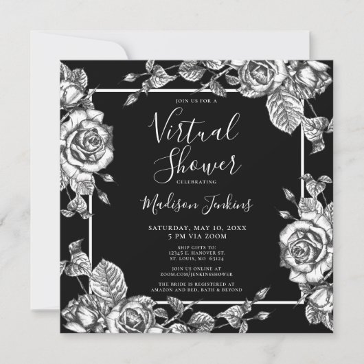 Virtual Vrijgezellenfeest Elegant Black White Flor Kaart (Voorkant)