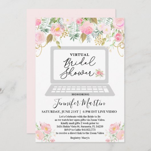 Virtual Vrijgezellenfeest Floral Invitation Kaart (Voorkant / Achterkant)