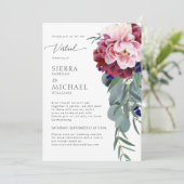Virtual Wedding Blush Roze Bourgondische bloemblaa Kaart (Staand voorkant)