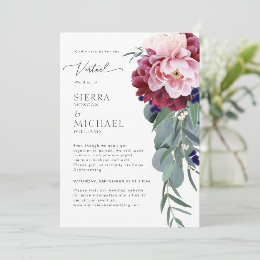 Virtual Wedding Blush Roze Bourgondische bloemblaa Kaart (Staand voorkant)