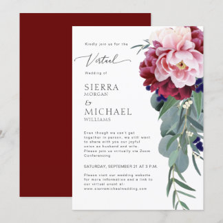 Virtual Wedding Blush Roze Bourgondische bloemblaa Kaart