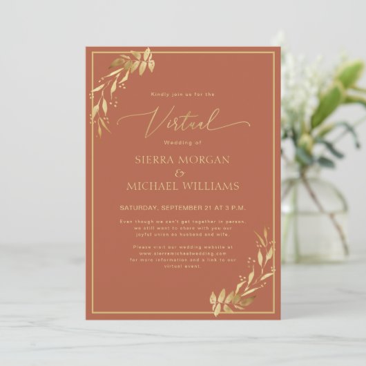 Virtual Wedding Chic Gold Foliage Terracotta Rust Kaart (Staand voorkant)