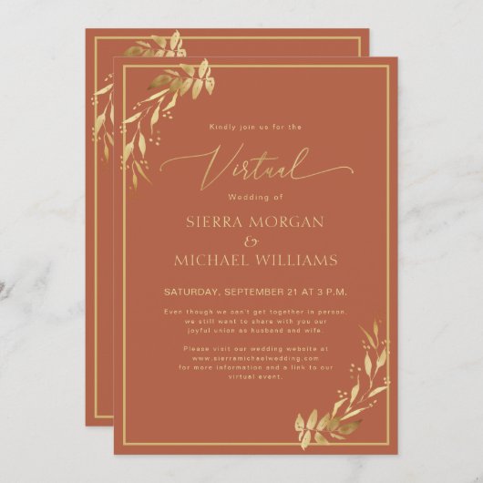 Virtual Wedding Chic Gold Foliage Terracotta Rust Kaart (Voorkant / Achterkant)