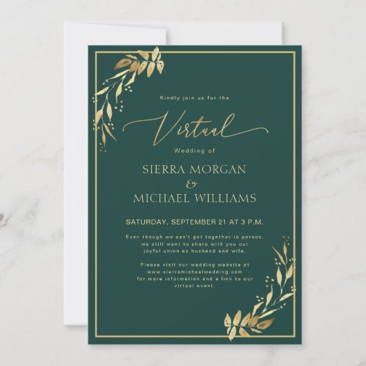Virtual Wedding Chic Golden Foliage Emerald Green Kaart (Voorkant)