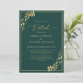 Virtual Wedding Chic Golden Foliage Emerald Green Kaart (Staand voorkant)
